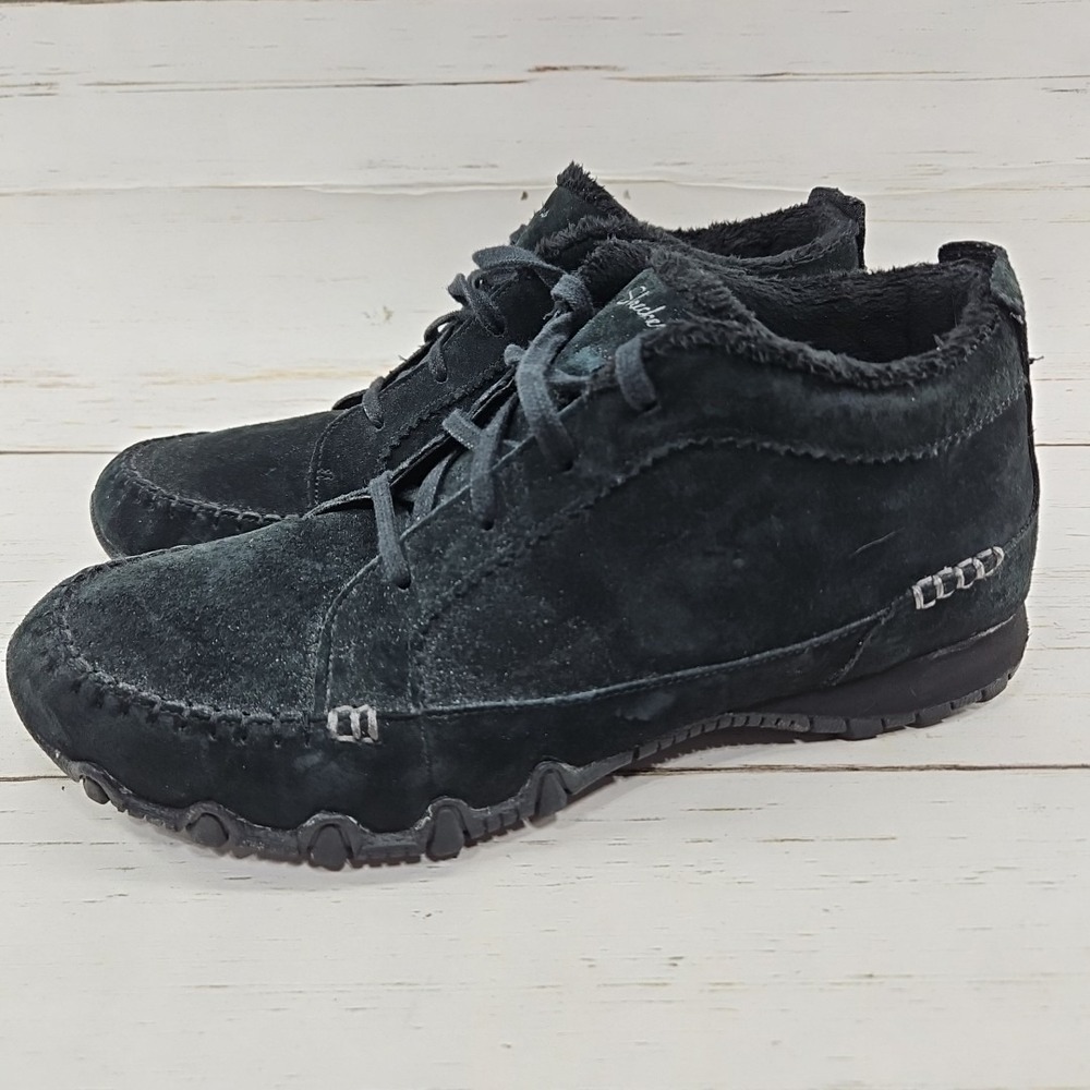Skechers Chukka Boots Women 9.5 Black Bikers Lineage Suede Moc Toe Lace Up 44706